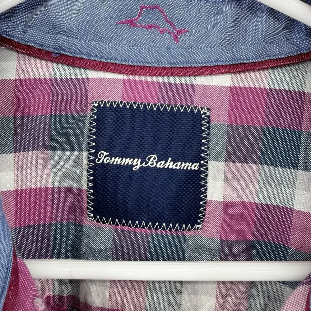Tommy Bahama Stretch Long Sleeve Button Up Shirt Mens Large Fuchsia Blue Plaid - Picture 5 of 8